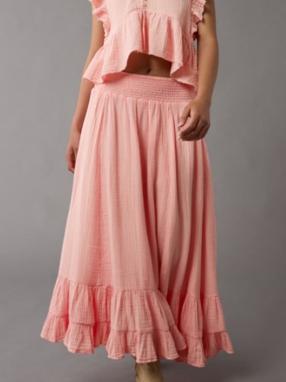 American Eagle High-Waisted Tiered Ruffle Maxi Skirt Pink Size S